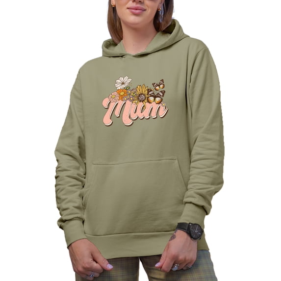 Distressed Mum - Retro Mother's Day Flowers and Butterflies Art Merch Gift, Sand Hooded Sweatshirt or Hoodie, Large