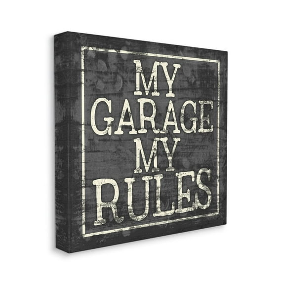 Distressed 'My Garage My Rules' Phrase Black White Typography Gallery-Wrapped Canvas Print Wall Art, 17x17