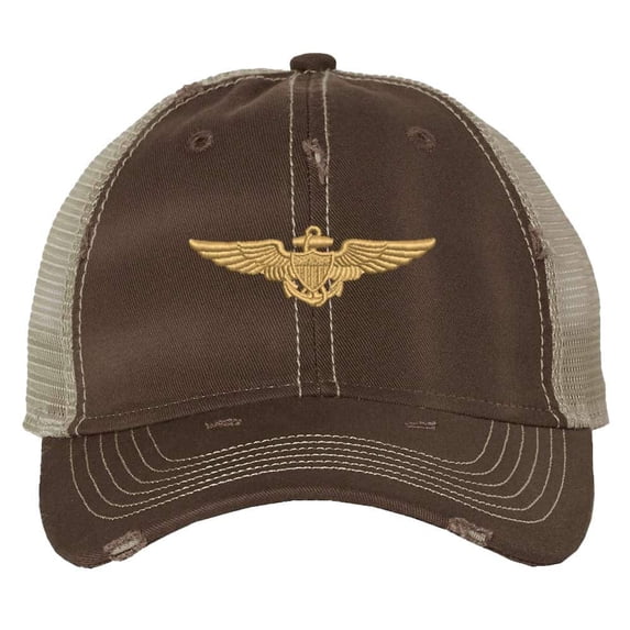 Aviation Trucker Hat - Distressed Navy Aviator Cap with Gold Wings - Vintage Military Strapback (Brown)