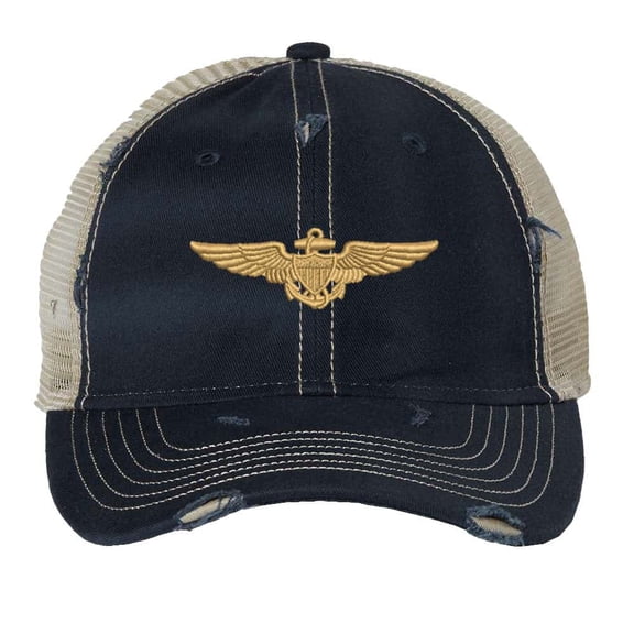 Aviation Trucker Hat - Distressed Navy Aviator Cap with Gold Wings - Vintage Military Strapback (NavyBlue)