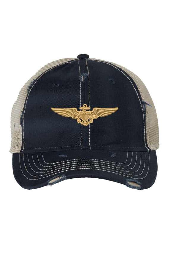 Aviation Trucker Hat - Distressed Navy Aviator Cap with Gold Wings - Vintage Military Strapback (NavyBlue)