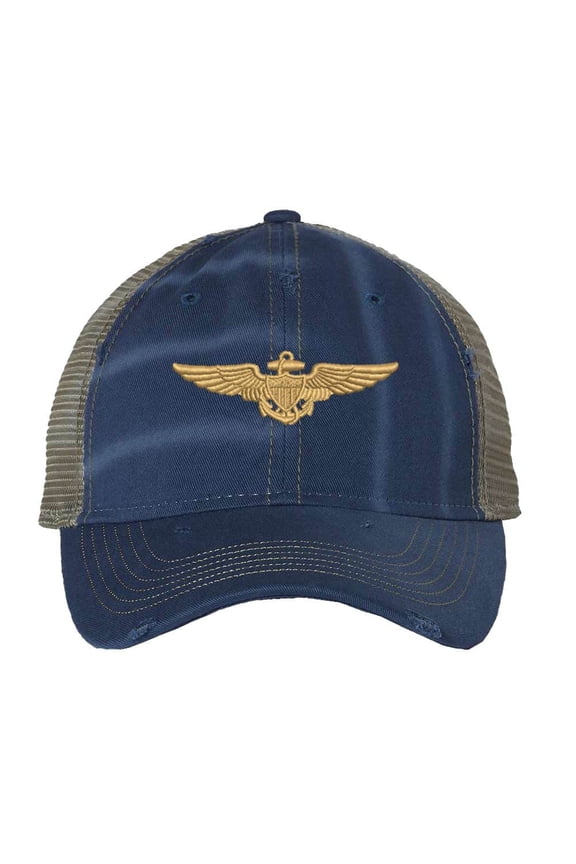 Aviation Trucker Hat - Distressed Navy Aviator Cap with Gold Wings - Vintage Military Strapback (RoyalBlue)