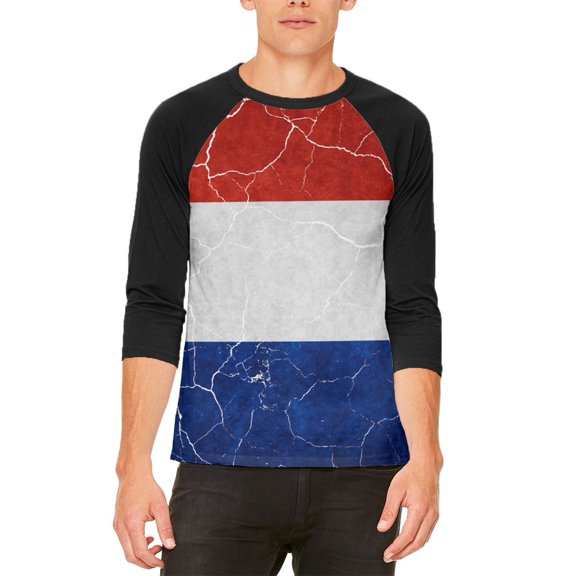 Distressed Netherlands Flag Mens Raglan T Shirt White-Black X-LG