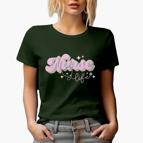Distressed Nurse Life with Stethoscope Art, Nurses Week Gift, Military Green T-Shirt, Large
