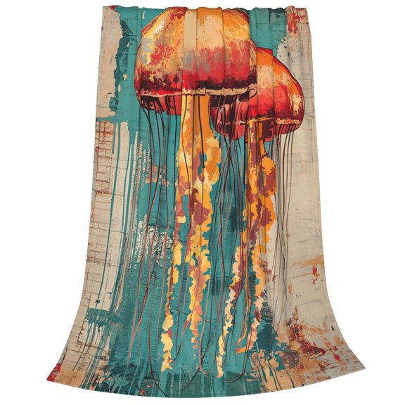 Distressed Ocean Jellyfish Flannel Throw Blanket, Soft, Warm, Durable Vintage Blanket, for Bed, Couch & Travel, Machine Washable 80x60in, Teal Grunge Canvas
