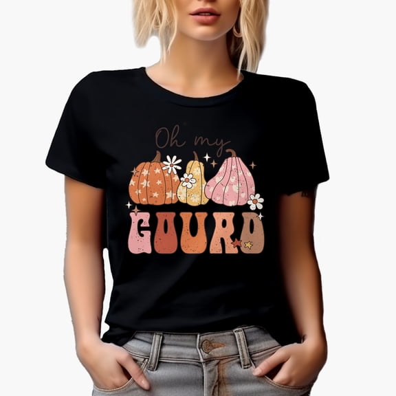 Distressed Oh My Gourd, Fall or Autumn Pun & Gourds Art Merch Gift, Black T-Shirt, Small