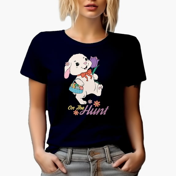 Distressed On the Hunt, Bunny Holding a Basket of Easter Eggs Art Favor or Merch Gift, Navy Blue T-Shirt, 3XL