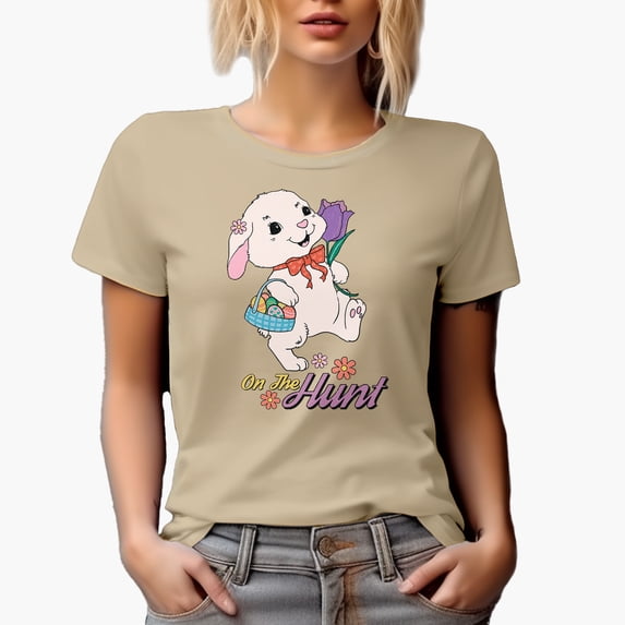 Distressed On the Hunt - Bunny Holding a Basket of Easter Eggs Art Favor or Merch Gift, Tan T-Shirt, Medium