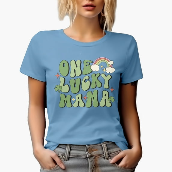 Distressed One Lucky Mama - Retro Groovy Wavy Text St. Patrick's Day Art Merch Gift, Baby Blue T-Shirt, 3XL