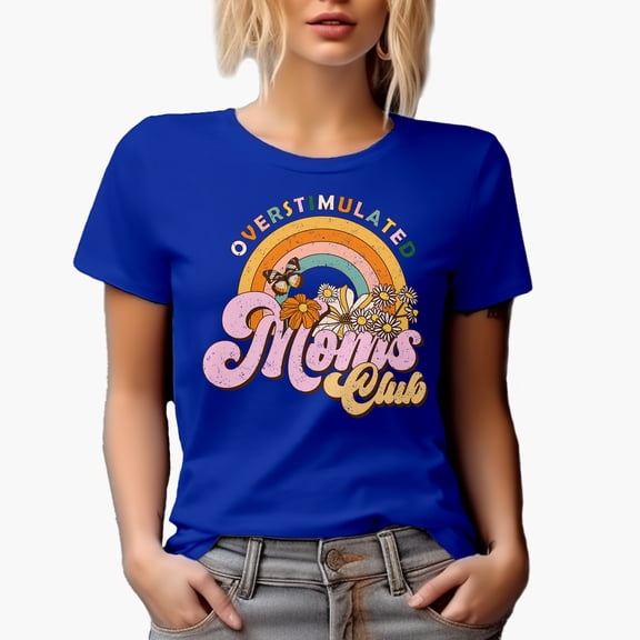 Distressed Overstimulated Moms Club, Retro Rainbow & Flowers Art Mother's Day Gift, Royal Blue T-Shirt, Large