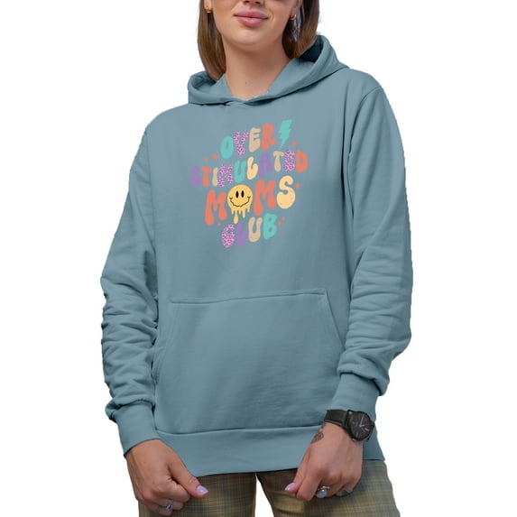 Distressed Overstimulated Moms Club - Retro Rainbow & Flowers Art Mother's Day Merch Gift, Light Blue Hooded Sweatshirt or Hoodie, Large