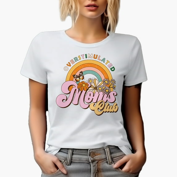 Distressed Overstimulated Moms Club - Retro Rainbow & Flowers Art Mother's Day Merch Gift, White T-Shirt, 2XL
