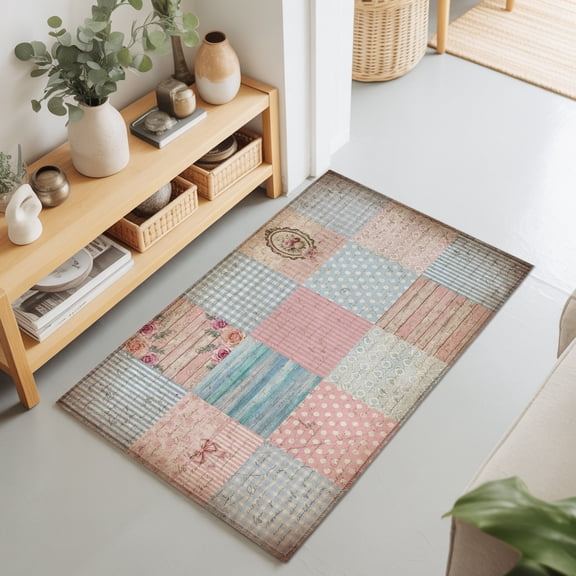 Distressed Patchwork 2'x3' Rug for Entryway Front Door Kitchen Sink Area, Pink Blue Vintage Script Wood Grain Low Pile Washable Non Slip Rectangle Area Rug