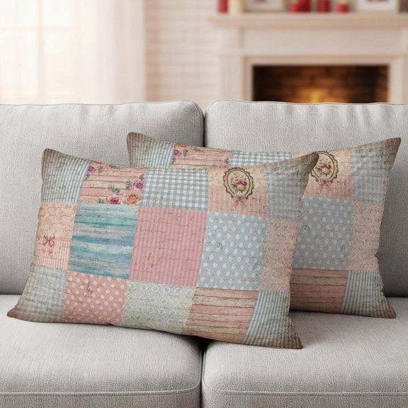 Distressed Patchwork Pillow Covers 2 Pack Pink Blue Vintage Script Wood Grain Pillowcase Waterproof Outdoor Throw Pillow Cover for Patio Garden Balcony Decorative Square Cushion 20"x12"