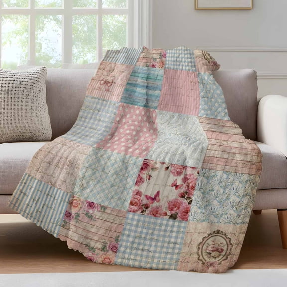 Distressed Patchwork Throw Blanket for Couch Pink Blue Vintage Script Wood Grain Soft and Warm Flannel 3D Striped Fluffy Fuzzy Fleece Blanket Lightweight Throw for Bed, Sofa 30 x 40 Inches