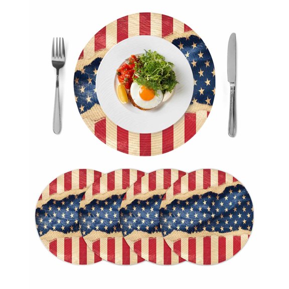 Distressed Patriotic American Flag Round Table Placemats set of 4, 4th of July Washable Woven Place Mats for Dining Tables Kitchen Party Decor,Heat Proof, 15in, Stars And Stripes