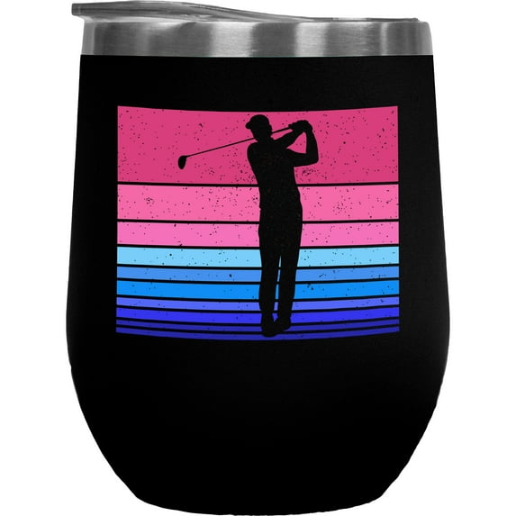 Distressed Pink and Blue Color Block with Shadow of a Swinging Golf Player, Golfing or Golfer Themed Merch Gift, Black 12oz Insulated Wine Tumbler