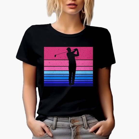 Distressed Pink and Blue Color Block with Shadow of a Swinging Golf Player, Golfing or Golfer Themed Merch Gift, Black T-Shirt, Small