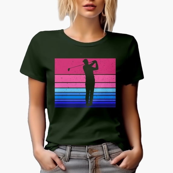 Distressed Pink and Blue Color Block with Shadow of a Swinging Golf Player, Golfing or Golfer Themed Merch Gift, Military Green T-Shirt, Large