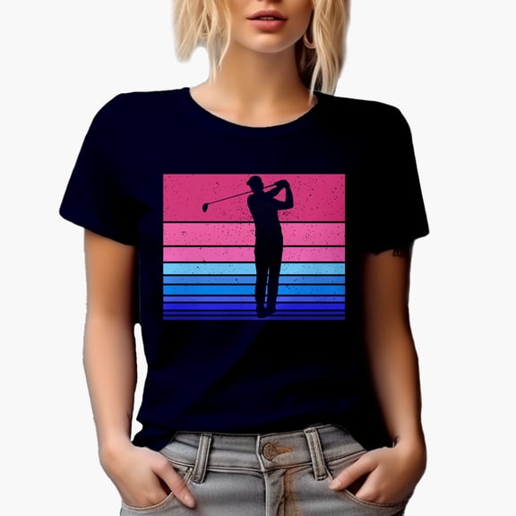 Distressed Pink and Blue Color Block with Shadow of a Swinging Golf Player, Golfing or Golfer Themed Merch Gift, Navy Blue T-Shirt, Medium