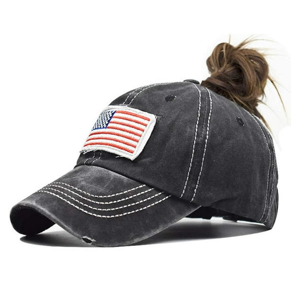 Distressed Ponytail Hat for Women American-Flag Pony Tail Caps High Bun