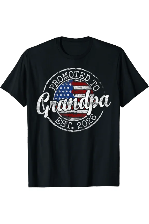 Distressed Promoted to Grandpa Est 2026 Flag T-Shirt First Time Grandfather Gift