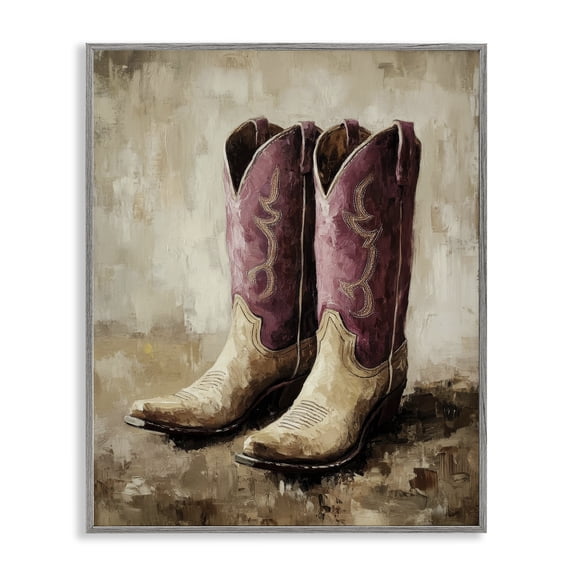 Stupell Industries Distressed Purple Cowgirl Boots Gray Framed Giclee Art, design by Petal Prints Design