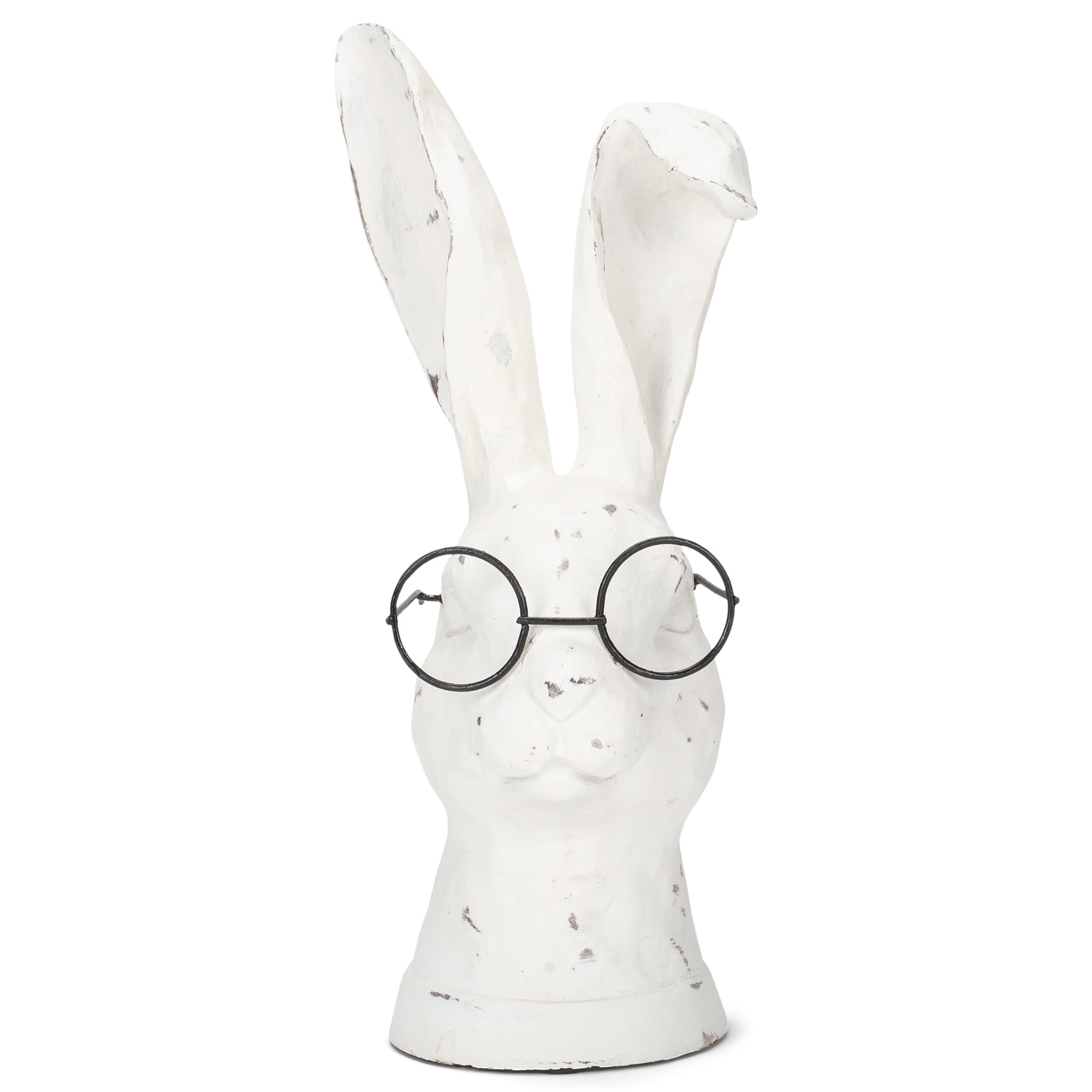 Distressed White Resin Bunny Figurine with Round Glasses