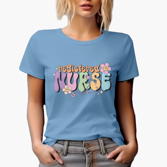 Distressed Registered Nurse - Retro Groovy Text & Smiling Flowers Art Merch Gift, Baby Blue T-Shirt, Large