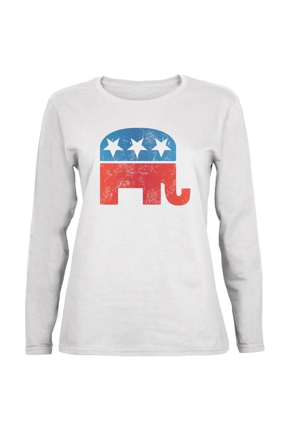 Distressed Republican Elephant Logo White Womens Long Sleeve T-Shirt - Small