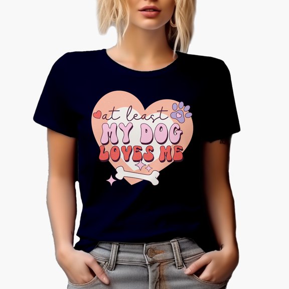 Distressed Retro At Least My Dog Loves Me, Anti Valentine's Day Art Merch Gift, Navy Blue T-Shirt, 2XL