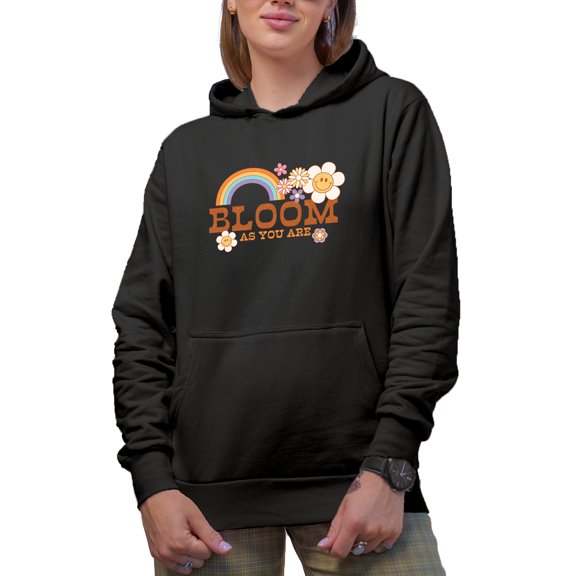 Distressed Retro Bloom As You Are with Rainbow Art, Black Hooded Sweatshirt or Hoodie, Medium