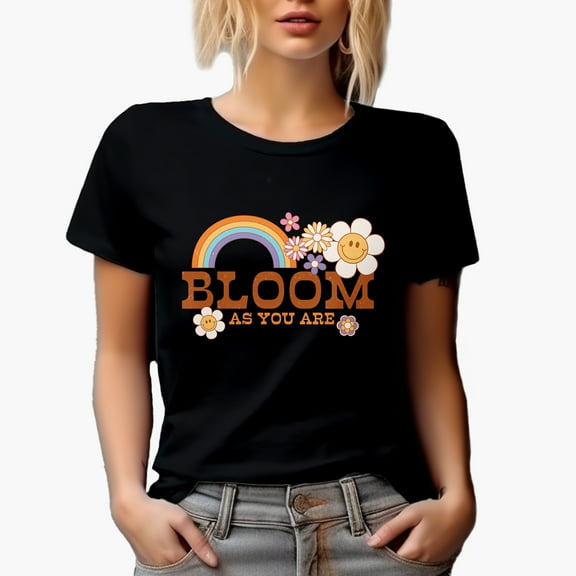 Distressed Retro Bloom As You Are with Rainbow Art, Black T-Shirt, Small
