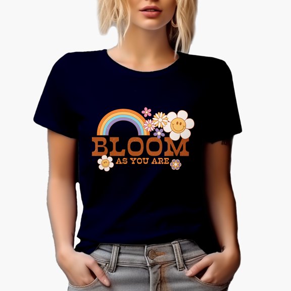 Distressed Retro Bloom As You Are with Rainbow Art, Navy Blue T-Shirt, Small