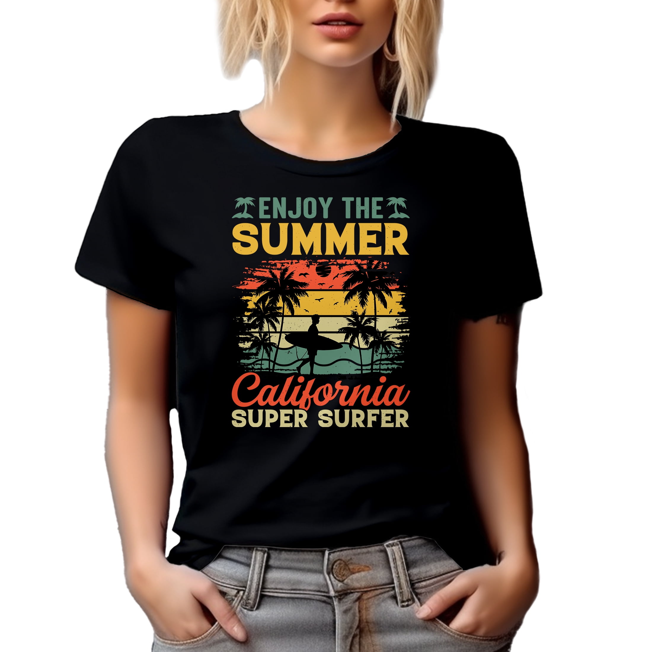 Distressed Retro Enjoy the Summer, California Super Surfer - Surfing Enthusiast, Black T-Shirt, Medium