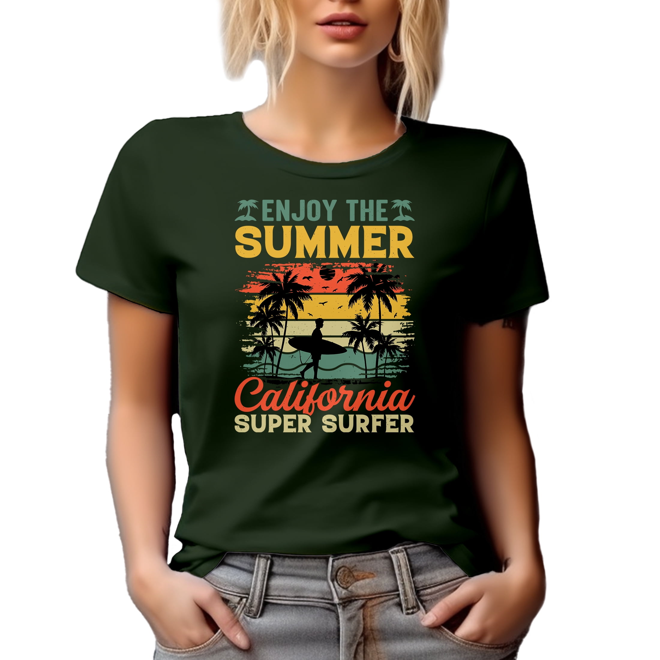 Distressed Retro Enjoy the Summer, California Super Surfer - Surfing Enthusiast, Military Green T-Shirt, Small