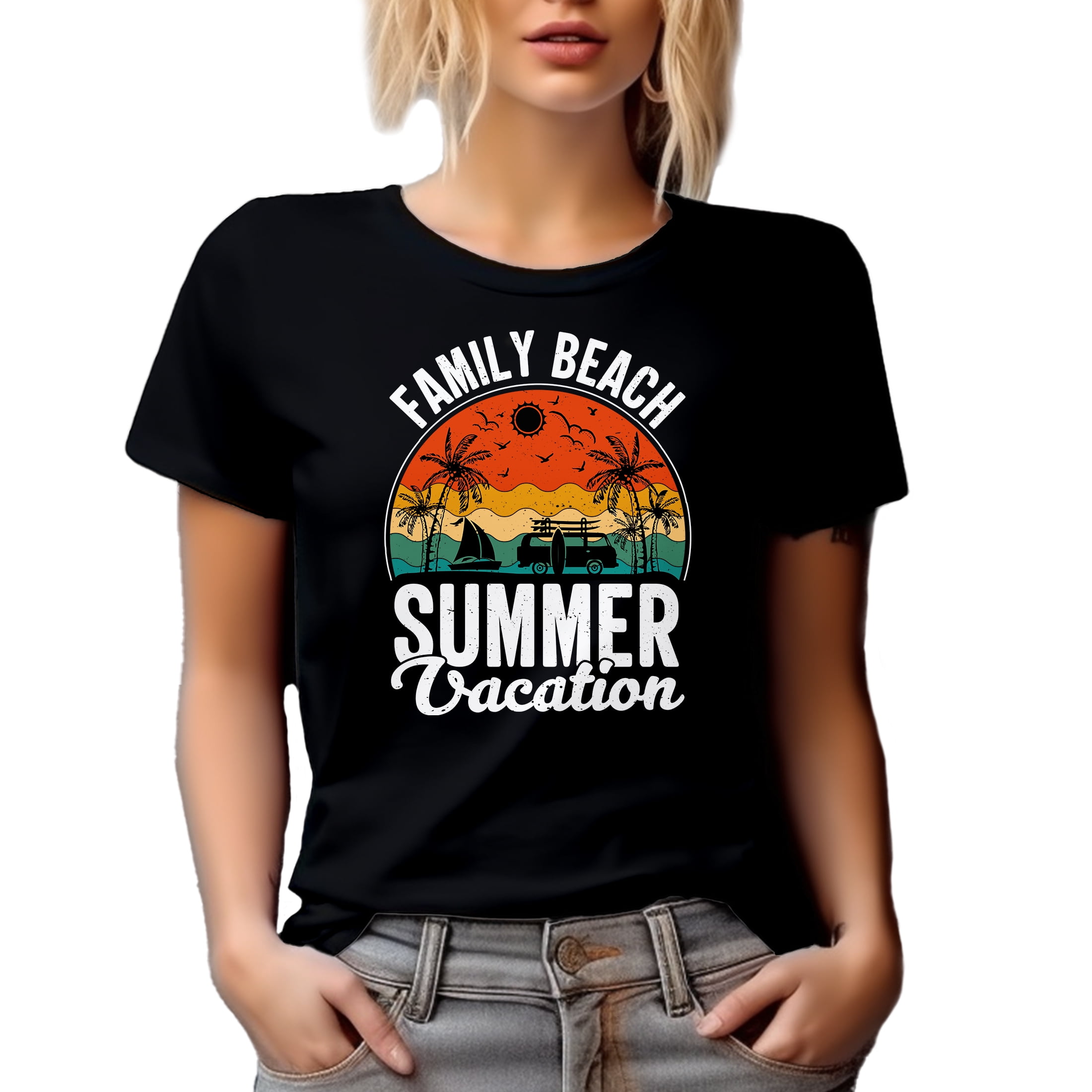 Distressed Retro Family Beach Summer Vacation feat. a Surf Van & Palm Trees, Black T-Shirt, Medium