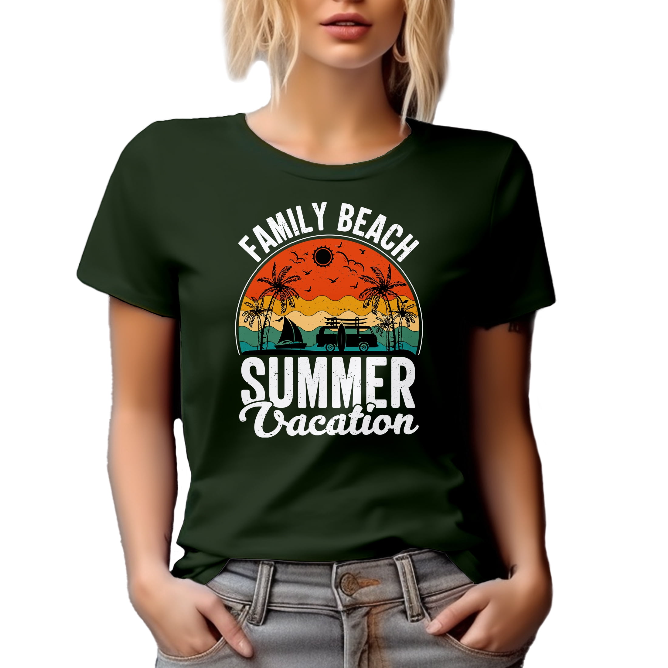 Distressed Retro Family Beach Summer Vacation feat. a Surf Van & Palm Trees, Military Green T-Shirt, Small