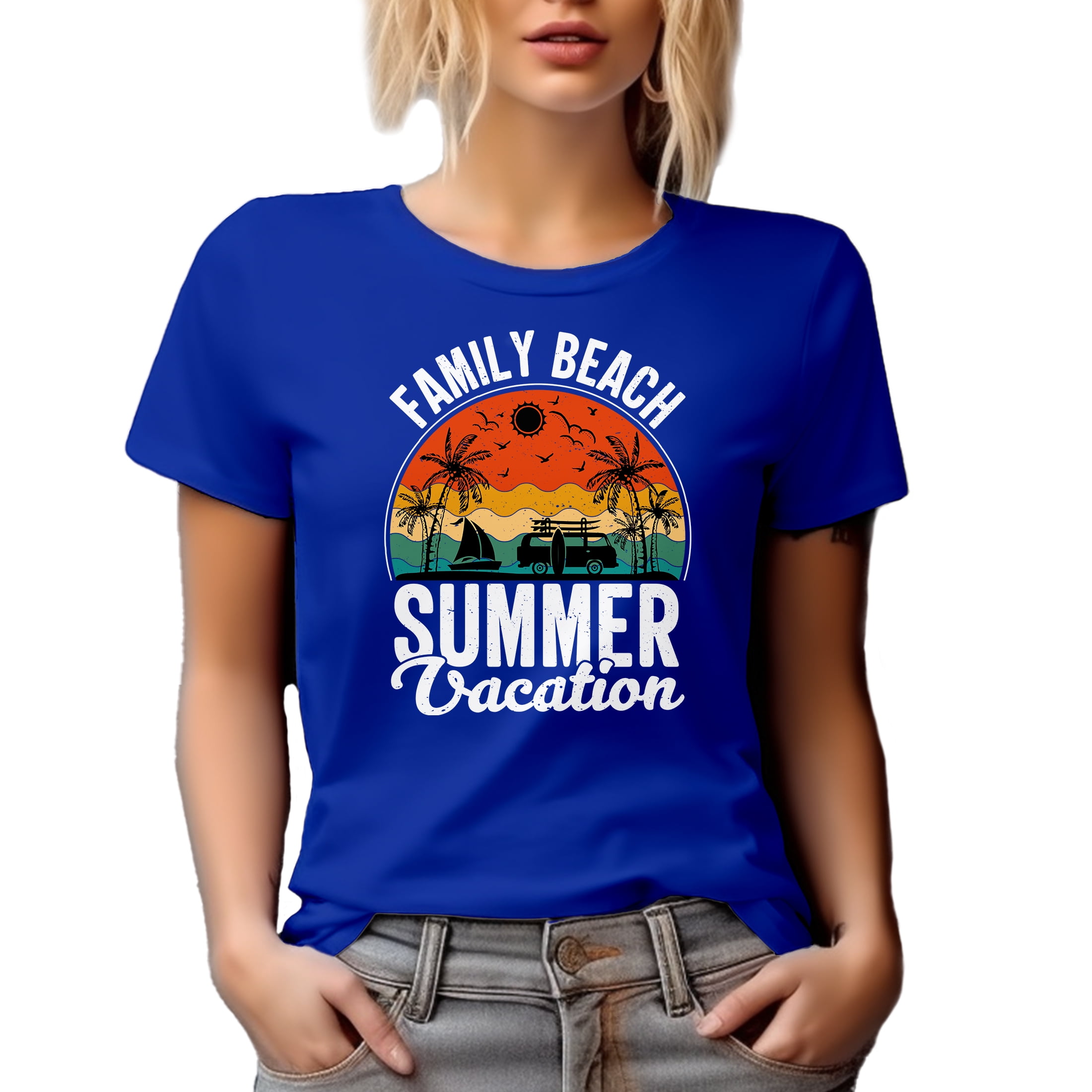 Distressed Retro Family Beach Summer Vacation feat. a Surf Van & Palm Trees, Royal Blue T-Shirt, XL