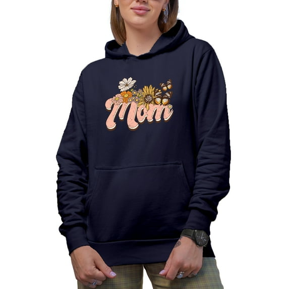 Distressed Retro Floral Mom & Butterflies Art, Mother's Day Gift, Navy Blue Hooded Sweatshirt or Hoodie, XL