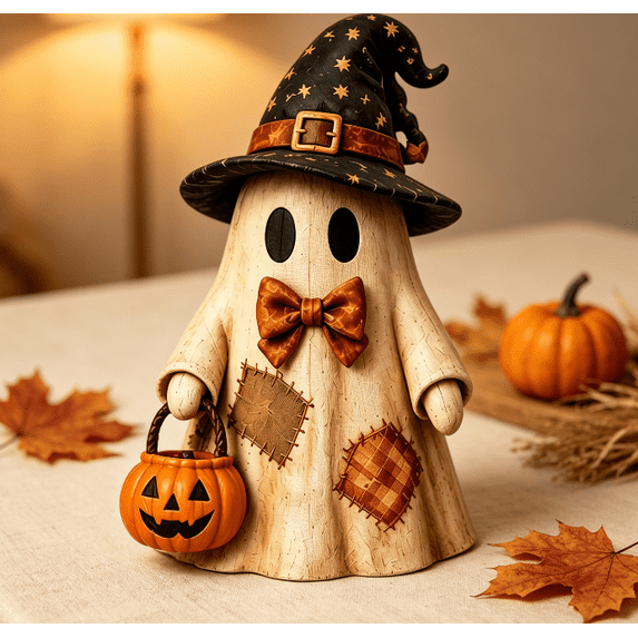 Distressed Retro Ghost Desktop Decor Patchwork Pattern Ghost Figure with Star Witch Hat Bow Tie and Pumpkin Pail Rustic Halloween Accent for Desk Shelf Display (E)