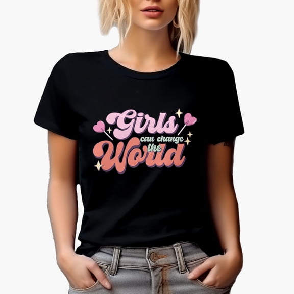 Distressed Retro Girls Can Change the World, Feminist Art Merch Gift, Black T-Shirt, Small