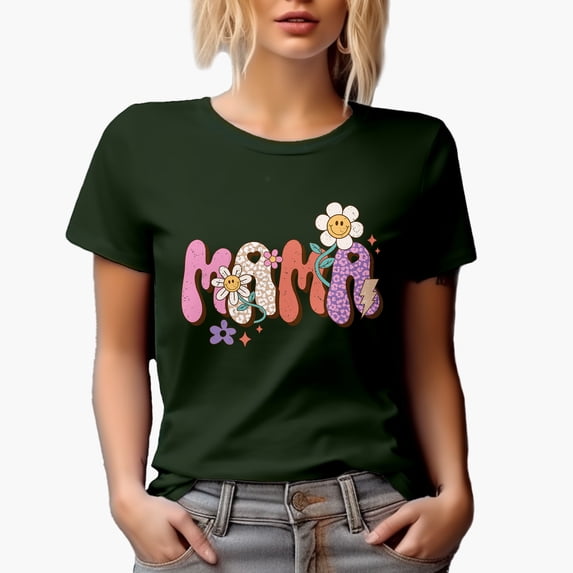 Distressed Retro Groovy Wavy Mama Text with Leopart Print & Flowers Merch Gift, Military Green T-Shirt, 3XL