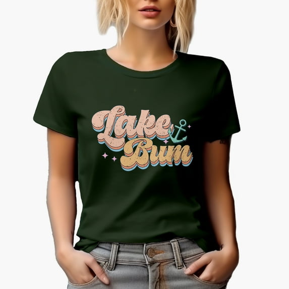 Distressed Retro Lake Bum & Anchor Art, Military Green T-Shirt, Small