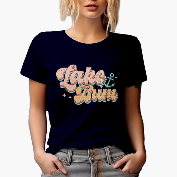 Distressed Retro Lake Bum & Anchor Art, Navy Blue T-Shirt, 2XL