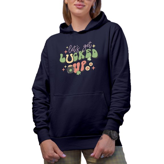 Retro Let's Get Lucked Up, Groovy Wavy St. Patrick's Day Text Art Merch Gift, Navy Blue Hooded Sweatshirt or Hoodie, Large