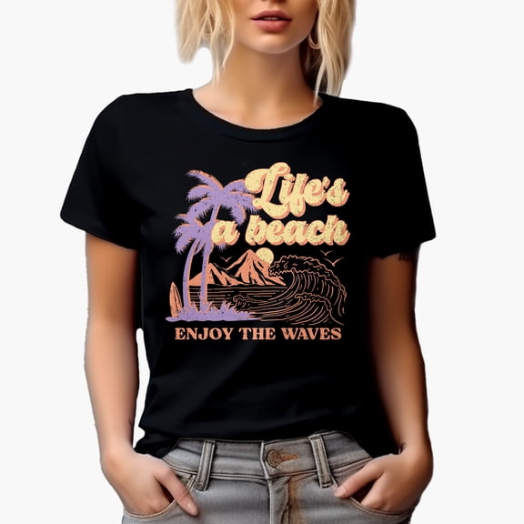 Distressed Retro Life's a Beach, Enjoy the Waves Art Merch Gift, Black T-Shirt, Small