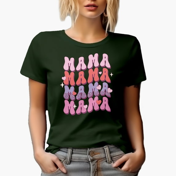 Distressed Retro Mama Groovy & Wavy Text Art, Mother's Day Gift, Military Green T-Shirt, Medium