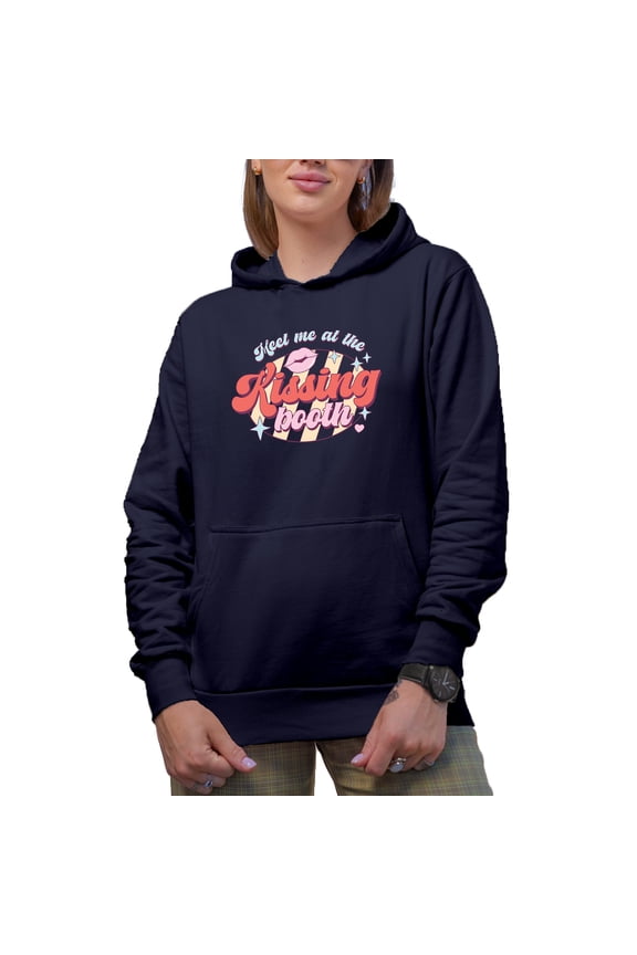 Retro Meet Me at the Kissing Booth, Valentine's Day Art Merch Gift, Navy Blue Hooded Sweatshirt or Hoodie, Medium