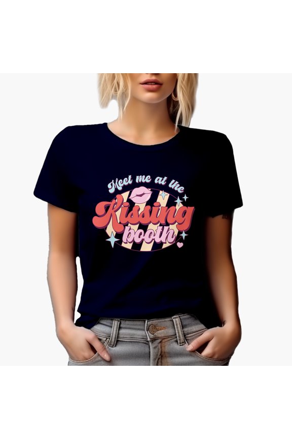 Distressed Retro Meet Me at the Kissing Booth, Valentine's Day Art Merch Gift, Navy Blue T-Shirt, Large